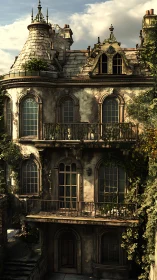 Weathered three-story mansion with ivy and ornate mansard roof