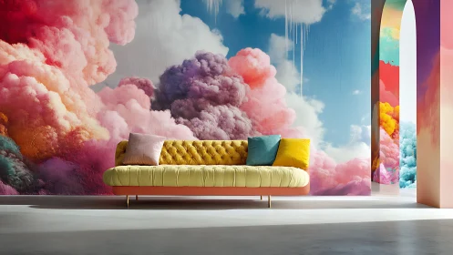 Pastel modern sofa against immersive cloudscape mural wall