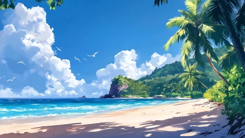 Tropical Beach Landscape with Palms and Island Formation