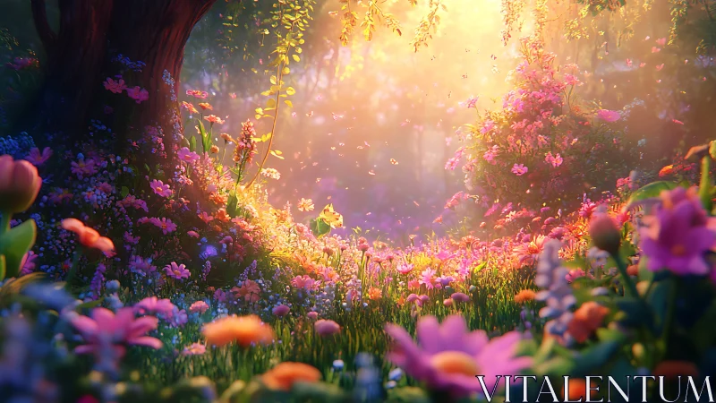 Sunlit fantasy meadow glows with vibrant blossoming flowers.