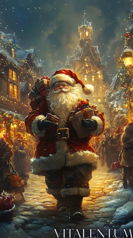 Illuminated winter street procession with gift laden Santa figure.