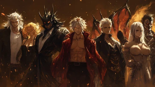 Infernal ensemble of warriors amid burning embers.