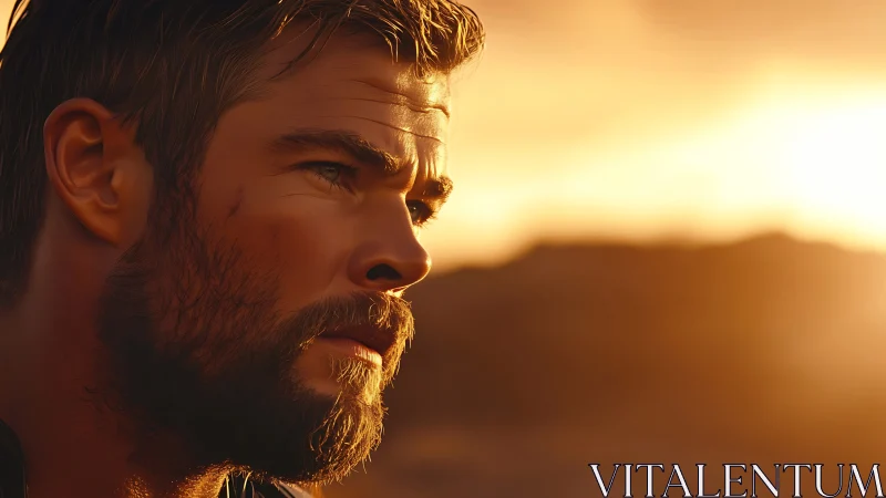 Sunlit warrior gaze in the quiet blaze of golden evening.