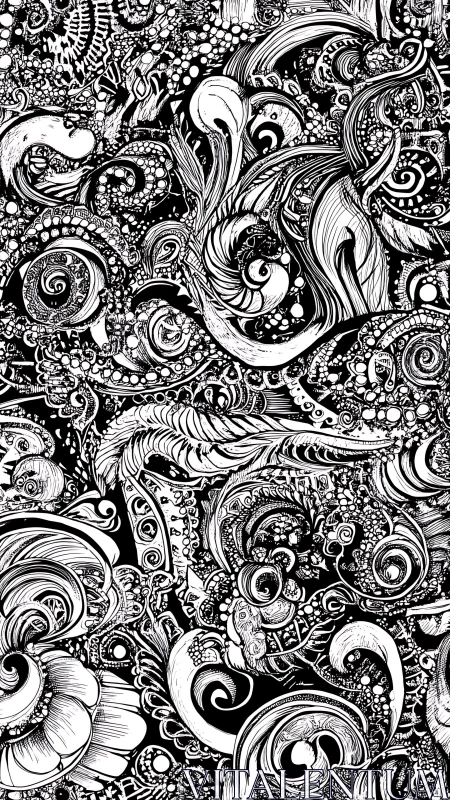 Intricate black and white abstract floral swirl pattern.