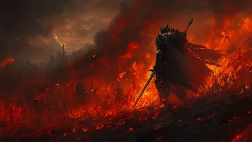 Armored warrior silhouette in burning battlefield landscape.