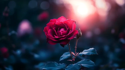 Radiant Crimson Rose Blooming in Twilight's Embrace