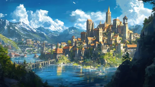 Sunlit alpine citadel overlooking vivid sapphire lake waters.