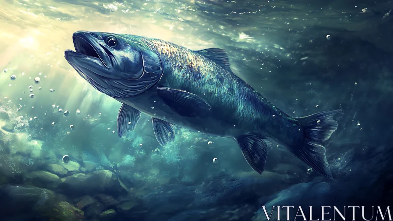 Digital painting of a luminous trout in dynamic river currents.