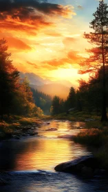 Sunset river quietly rehearses its golden mountain song