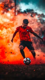 Dynamic footballer dribbling through vivid orange smoke clouds