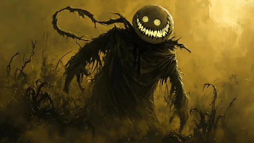Grinning scarecrow wraith emerging through toxic ochre fog.