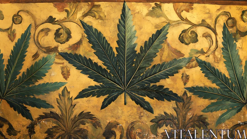 Ornamental cannabis leaf fresco on gilded architectural frieze.