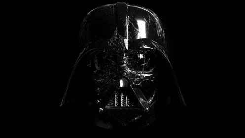 Shattered black helmet in stark cinematic closeup.