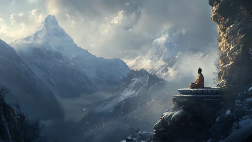 Quiet mountain meditation welcomes dawn above snowy peaks