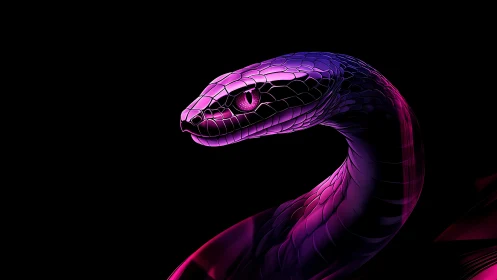 Luminous neon serpent glowing softly against deep black.