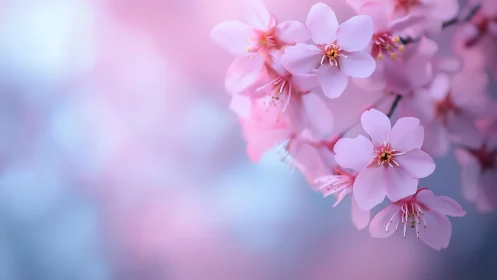 Pink Blossom Cluster with Stamens Against Soft Blue Background