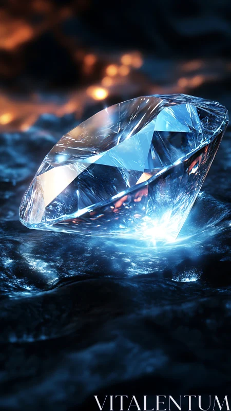 Cut gemstone on reflective dark surface with cool lighting.