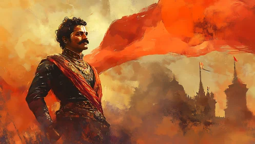 Heroic warrior surveys citadel beneath sweeping crimson banner