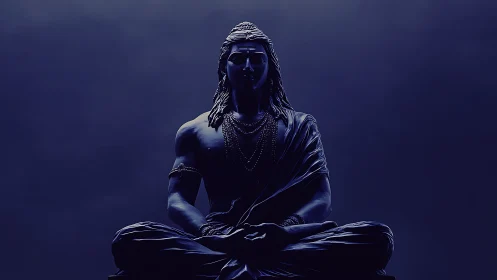 Silhouetted meditating deity statue in monochrome blue light.