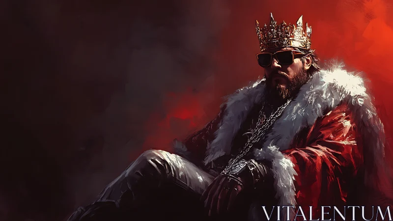 Regal king in shades relaxes under a moody crimson glow