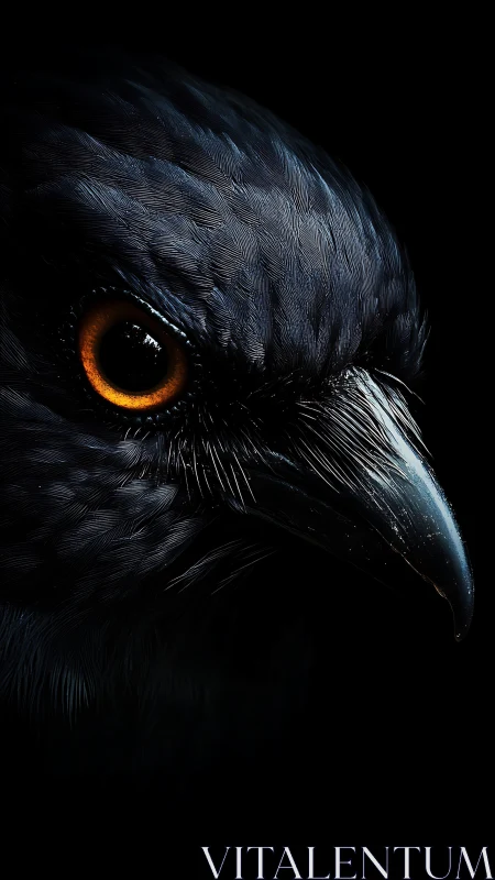 Dark close-up portrait of a black bird with orange eye.
