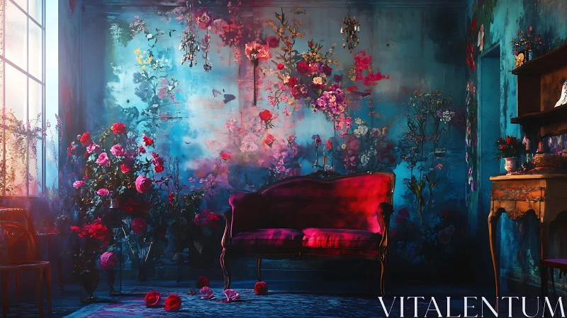 Velvet sofa rests as painted blossoms quietly overrun walls