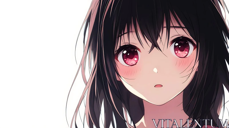 Close-up of anime girl with dark hair and pink eyes on white.