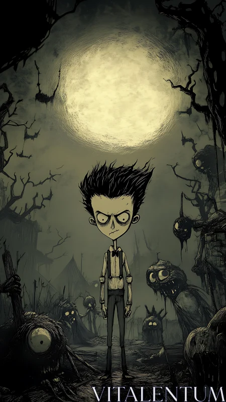 Gaunt boy confronts grotesque creatures beneath oversized moon