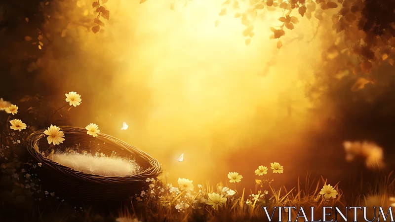 Sunlit wicker nest in glowing golden meadow clearing.