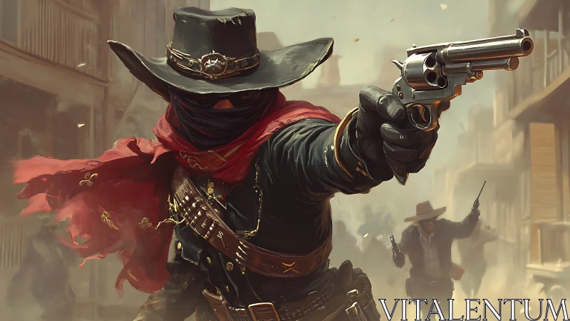 Masked gunslinger aims revolver in dynamic Western standoff