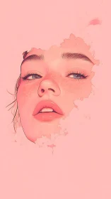 Fragmented pastel portrait isolates a freckled face in void