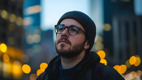 City lights cradle a thoughtful wanderer in soft golden bokeh