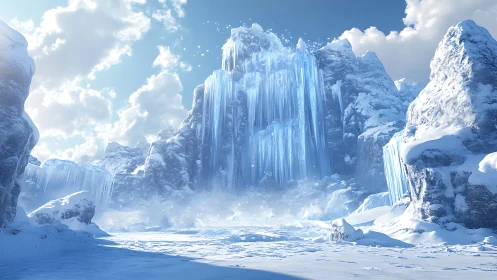 Glacial canyon with crystalline frozen waterfall structures.