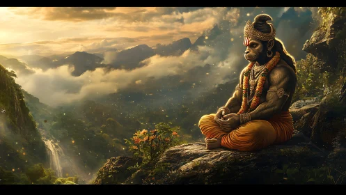 Monkey-headed deity meditates on cliff above misty valley