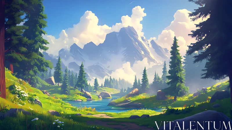 Digital mountain valley landscape depicts river and conifers