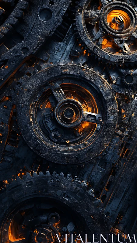 Industrial steel gears with molten orange core light.