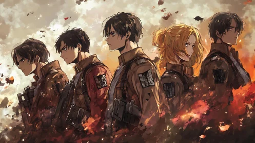 Battle-hardened anime squad stands amid swirling embers.