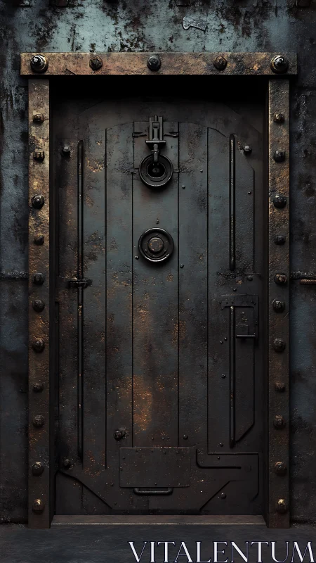 Aged metal vault door stands in weathered steel wall.