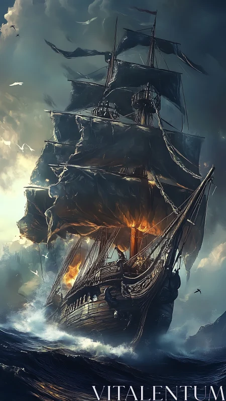 Burning galleon surges through storm-tossed ocean in dramatic view