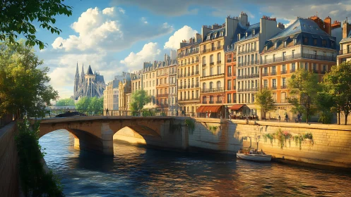 Sunlit Parisian quay dreams along a storybook riverside.