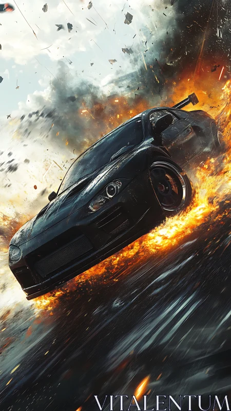 Black drift car cutting fire trail through explosive storm.