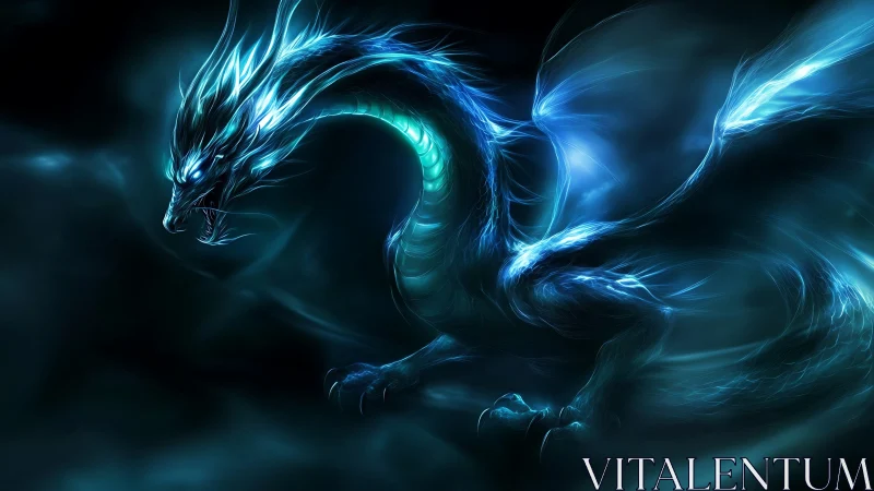 Glowing blue spirit dragon coils through a storm of swirling light