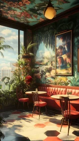 Sunlit urban caf&eacute; corner with lush tropical interior decor.
