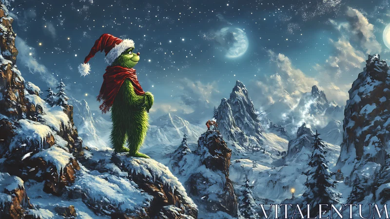 Grinch in snowy moonlit mountains with Christmas sky.