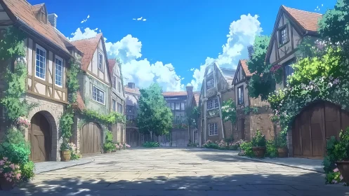 Anime courtyard streetscape with ivy-clad half-timbered cottages.