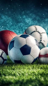 Sports balls rest on bright grass under a dreamy night sky
