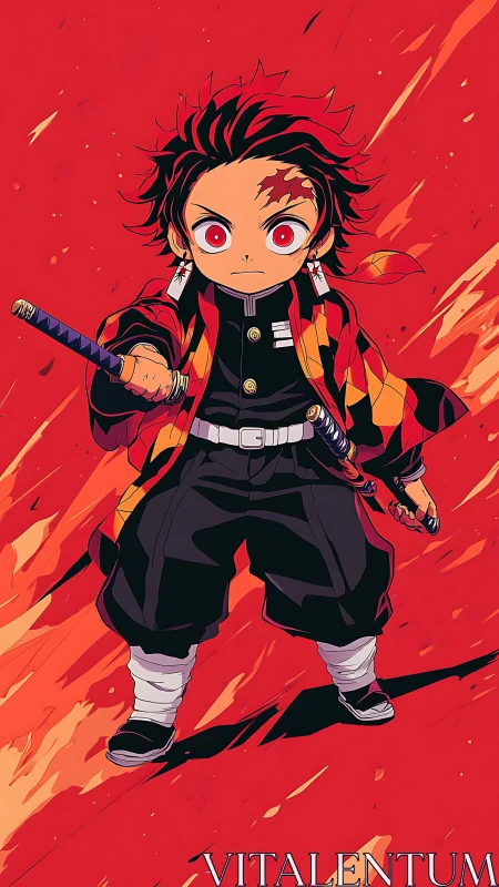 Fiery anime swordsman charges through crimson battlefield.