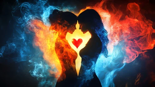 Silhouetted Profile with Illuminated Heart and Flame Surround