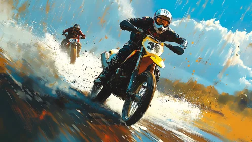 Motocross racer powers through wet track in dynamic spray