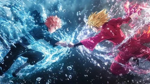 Elemental anime duel with water and fire collision impact.